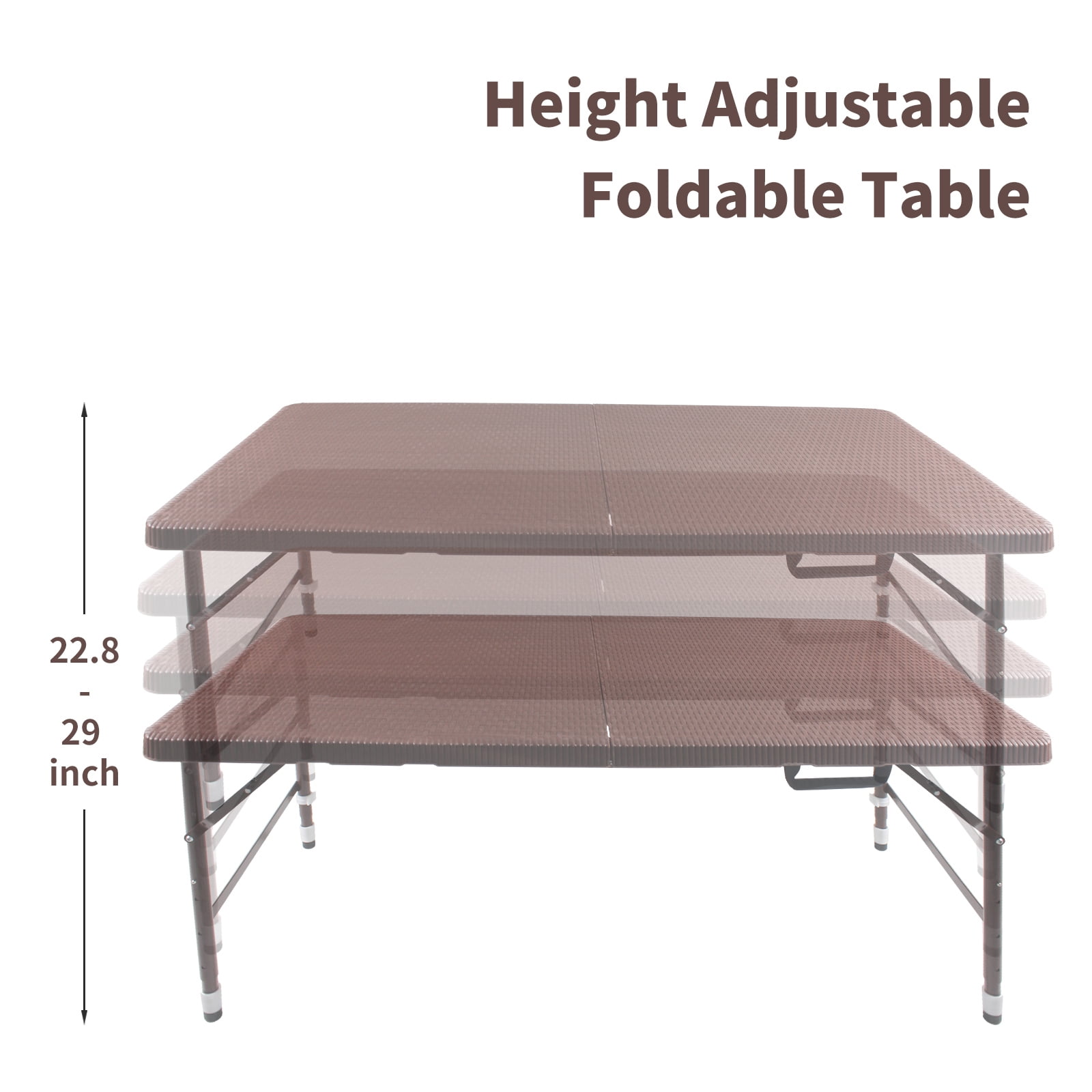 Hommoo 4FT Rattan Folding Table, Plastic Adjustable Portable Foldable Table, Camping Table for Indoor& Outdoor, Brown