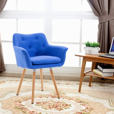 - Windaze Living Room Chair, Mid Century Modern Retro Leisure Fabric Accent Dining Chair with Buttons and Solid Bentwood Legs, Blue