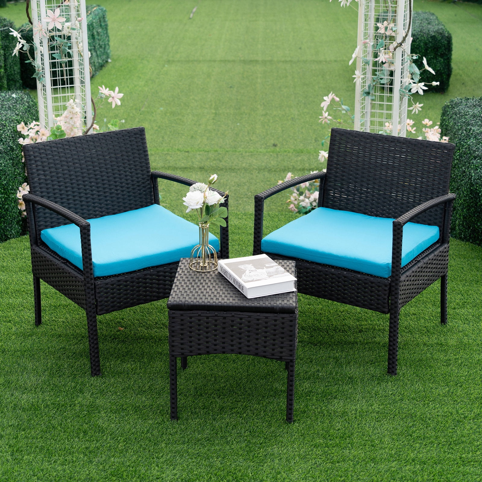 Tappio 3 Pieces Patio Conversation Set Outdoor Furniture Set, Patio Bistro Set All-weather Wicker Chairs and Table with Cushions, Blue