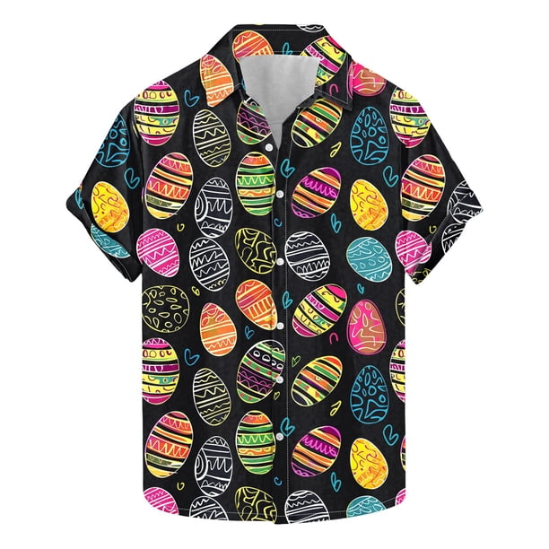 Mens Casual Manga Corta Botón Abajo Camisas Pascua Impresión Solapa Camisa Poliéster Top de Moda para Hombres, Cuello Redondo Blusa Casual para el Trabajo, el Ocio Y las Vacaciones