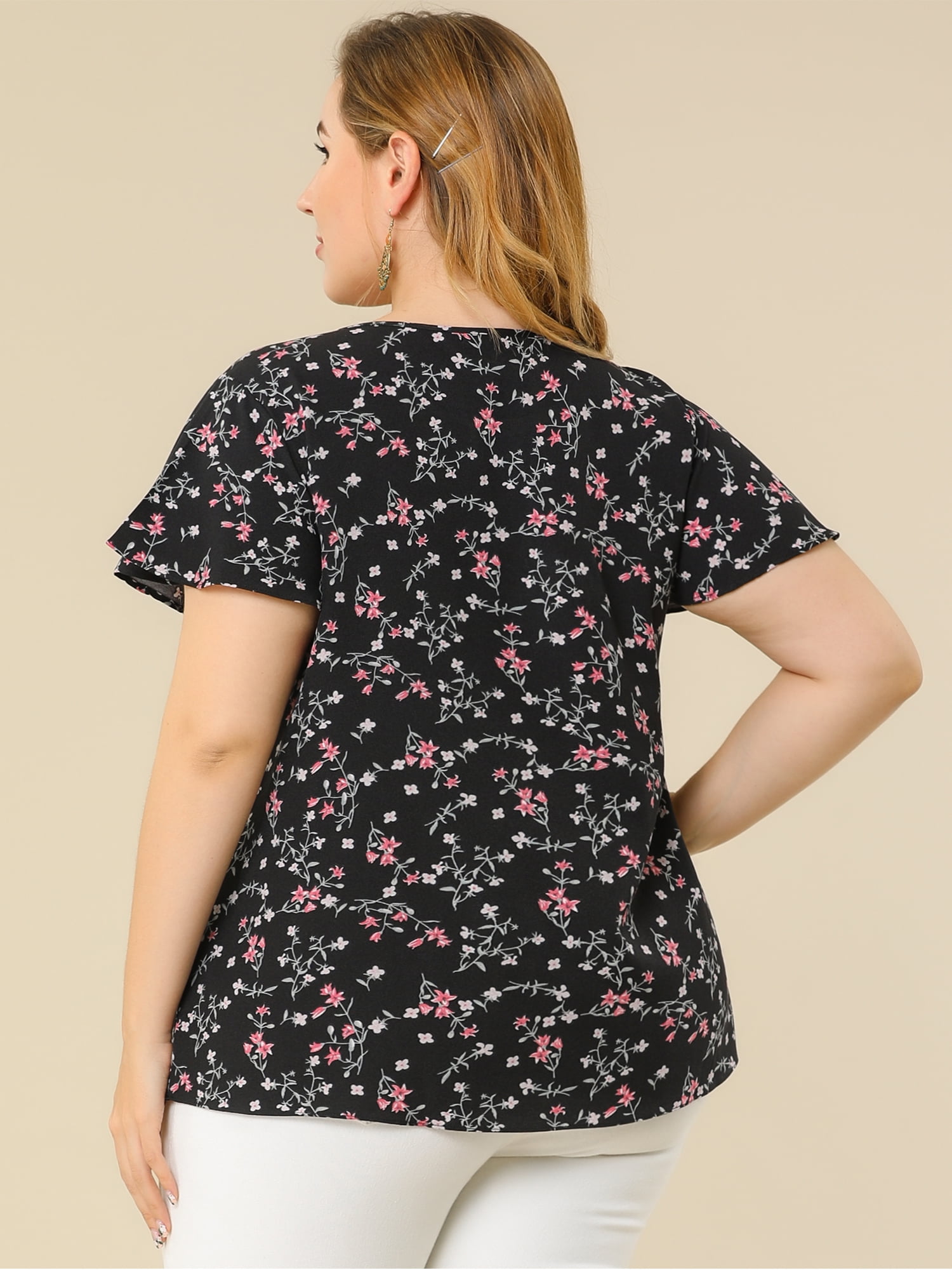 DARING DIVA Women's Plus Ruffle Short Sleeve Keyhole Chiffon Blouse 5X Black