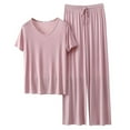 thumbnail image 1 of Women Homewear Solid Color Loose Pajamas Short Sleeve T Shirt Drawstring Wide Leg Pants Sleepwear 2 Piece Set, 1 of 6
