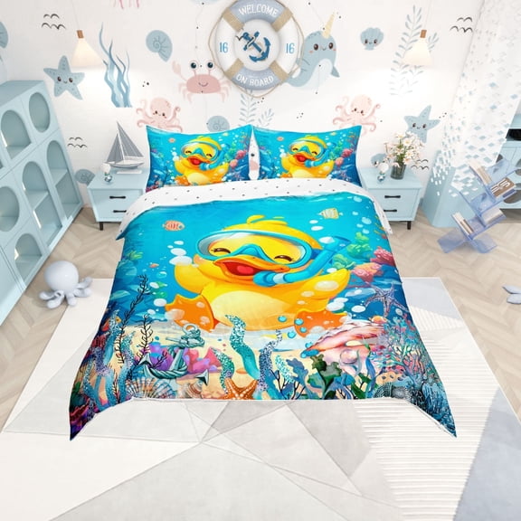 Erosebridal Yellow Duck Comforter Cover Twin,Cartoon Animal Bedding Twin Size,Ocean Sea Duvet Cover Twin,Lightweight Marine Room Decoration,Reversible,3pcs(No Comforter)