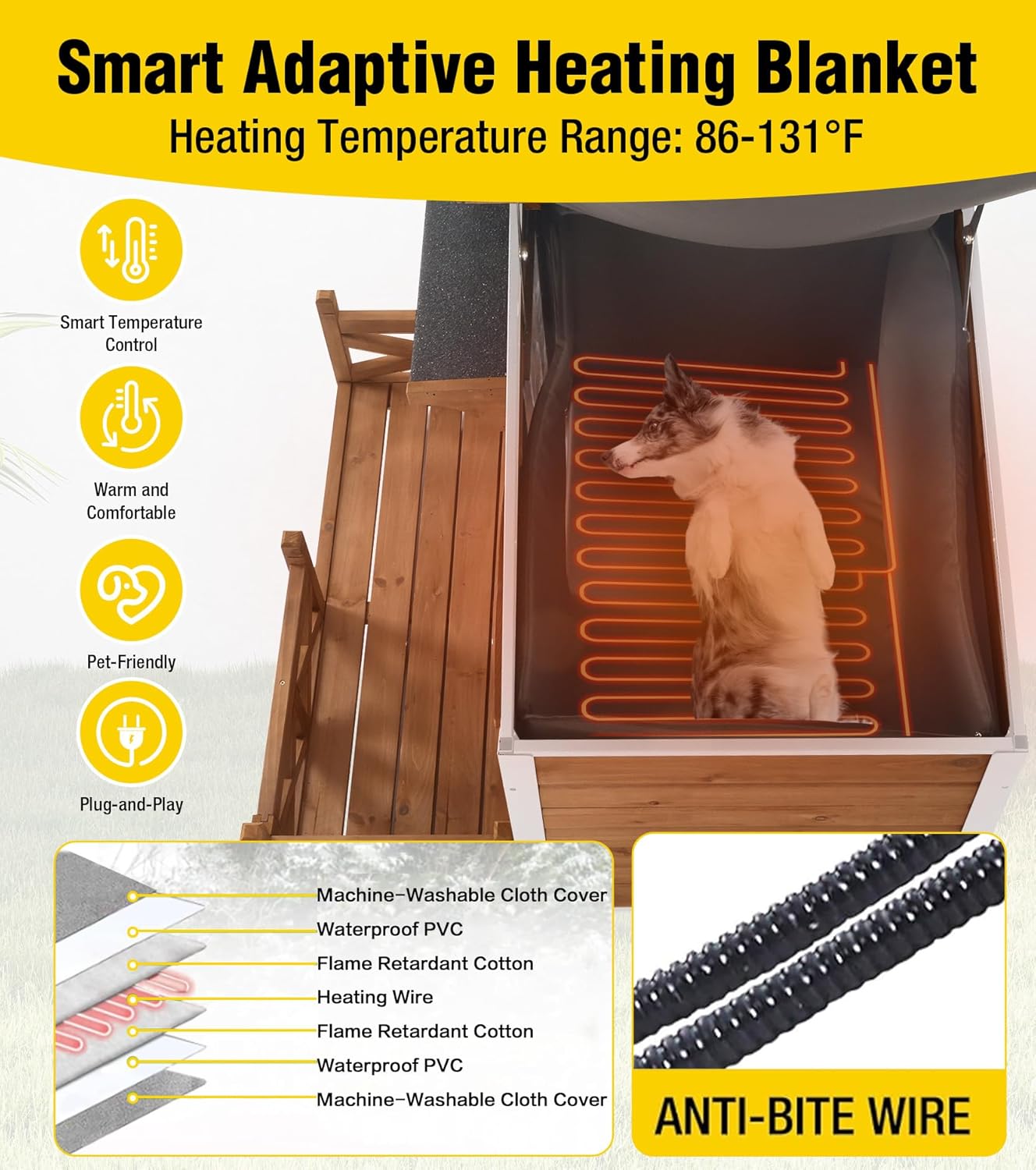 Aivituvin Heated Dog House Outdoor Dog Kennel with Safe Heated Pad, Chew-Proof Metal Frame and Rotating Food Bowl for Small to Medium Dogs, 44.6" L x 41.1" W x 32.9“H (Dark Brown)