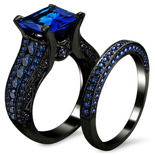 Fashion Black Gold Color Women Rings Set Elegant Blue Cubic Zircon Rhinestone Rings For Women Wedding Band Anniversary Jewelry Blue 6