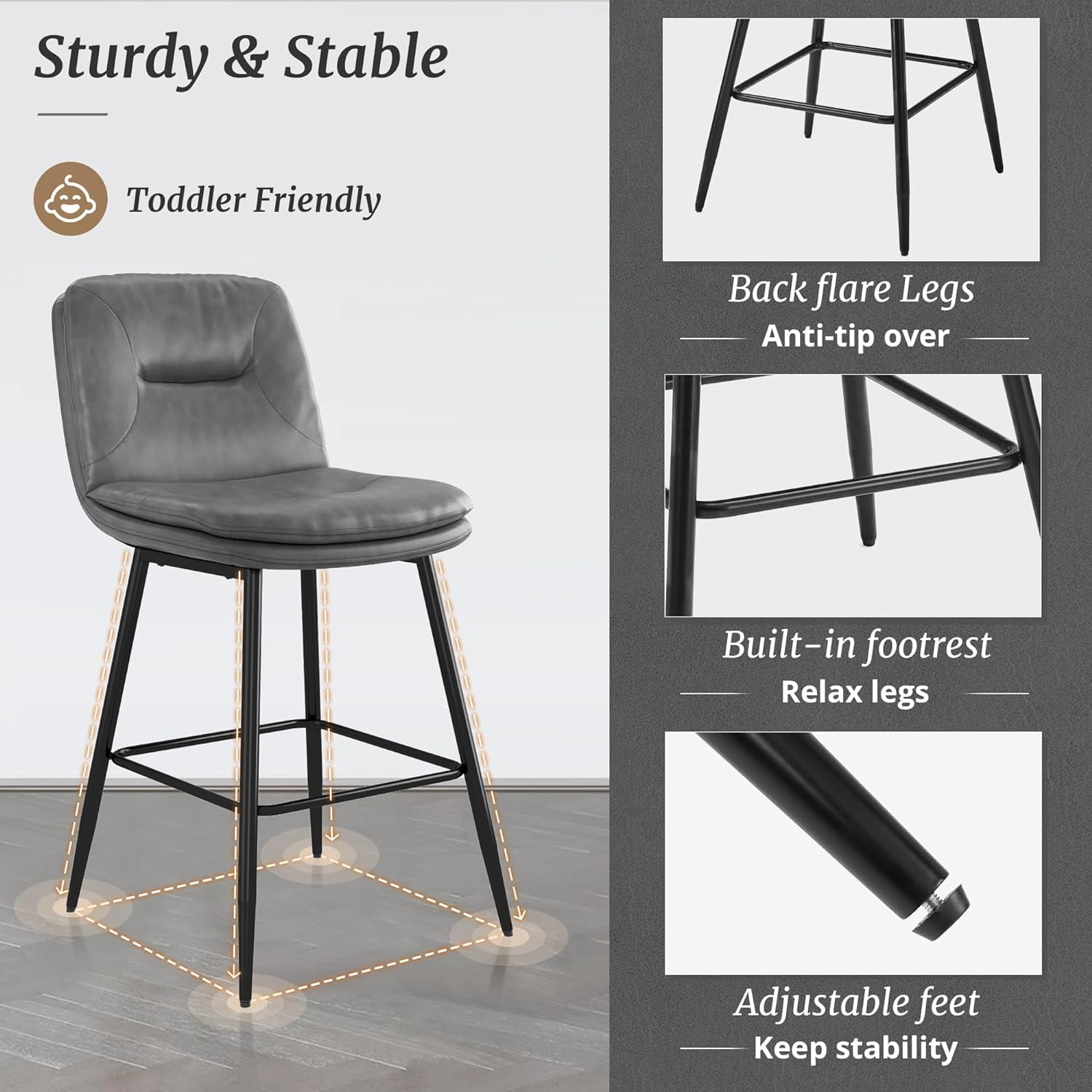 Dycanpo 24”H Bar Stools Set of 3, Double-Layer Upholstered, for Home Kitchen, Gray