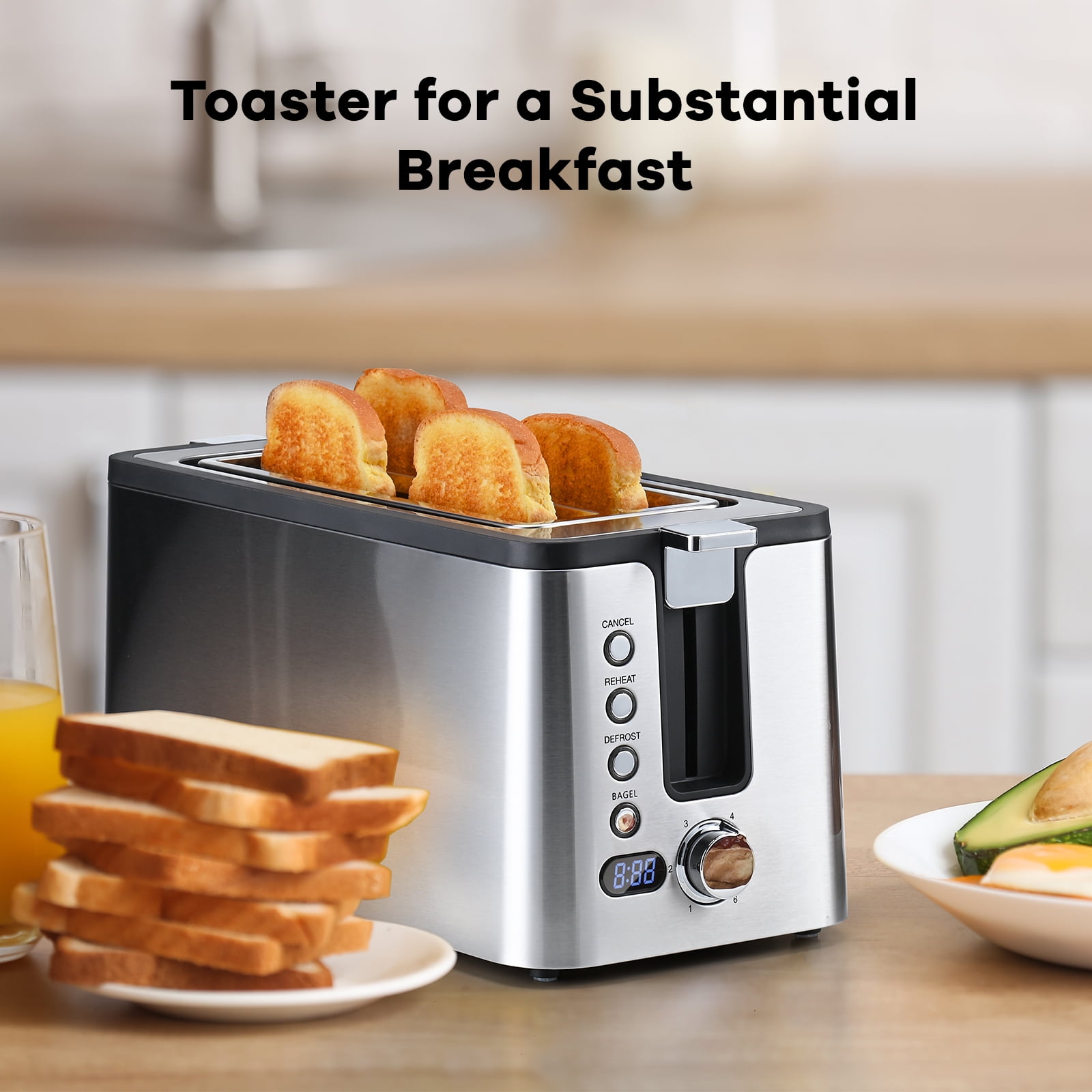 Mecity 4-Slice Stainless Steel Toaster with Digital Countdown Timer & Warming Rack, 1300W, Silver