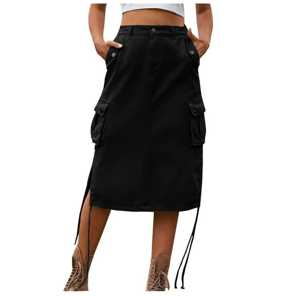 OGLCCG Women's Y2k Cargo Midi Skirt High Waist Flap Pocket Drawstring A-Line Flared Jean Skirt Fashion Side Split Skirt