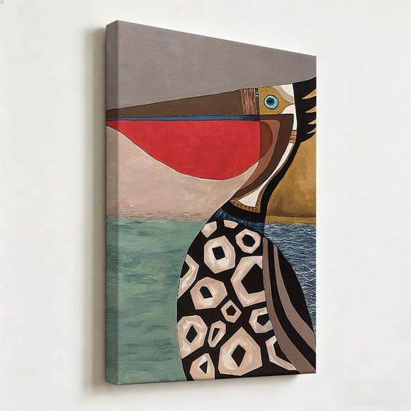 Abstract Pelican Framed Canvas Wall Art Mid-Century Modern Coastal Bird Poster Geometric Print Living Room Bathroom Decor 8*12