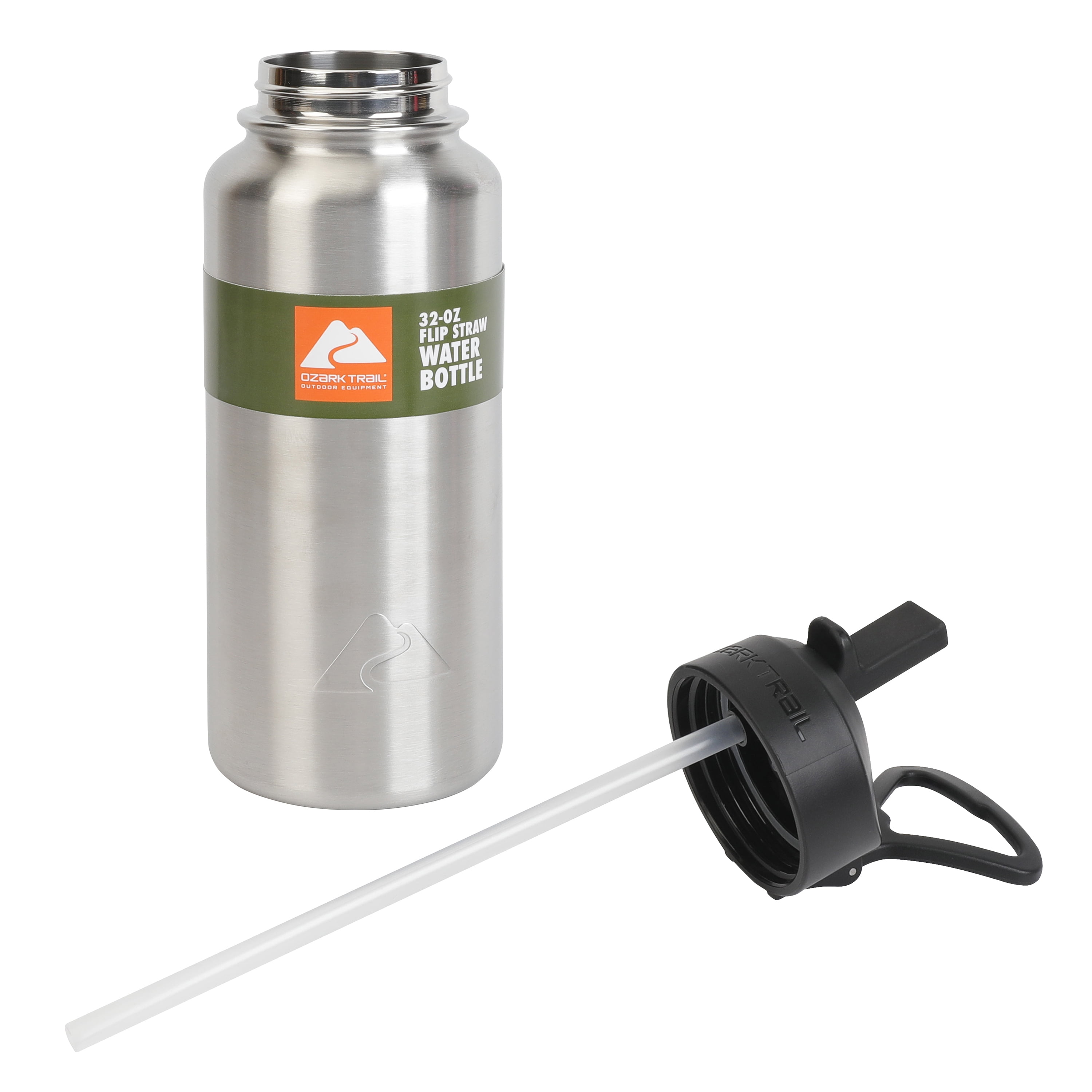 (3 pack) Ozark Trail 32 oz Insulated Stainless Steel Wide Mouth Water Bottle, Silver, Flip Lid with Loop Handle