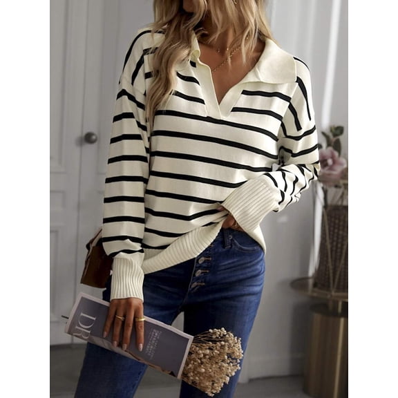 Women Striped Drop‑Shoulder Long‑Sleeve Knit Sweater, Casual Pullover Top for Fall Winter