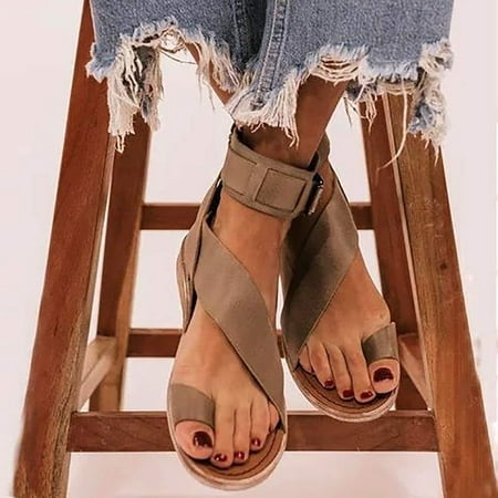 Women s Sandals Orthopedic Bunion Corrector Open-Toed Toe Ring Sandals Sliders Strappy Flats Shoes Summer PU Leather Casual Beach Travel Shoes Black 40