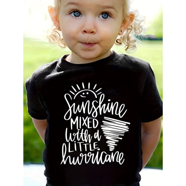 100% Cotton SUNSHINE MIXED WITH A LITTLE HURRICANE Print Crew Neck Short Sleeve T-shirt, Girls' Comfy Tees Summer Clothes