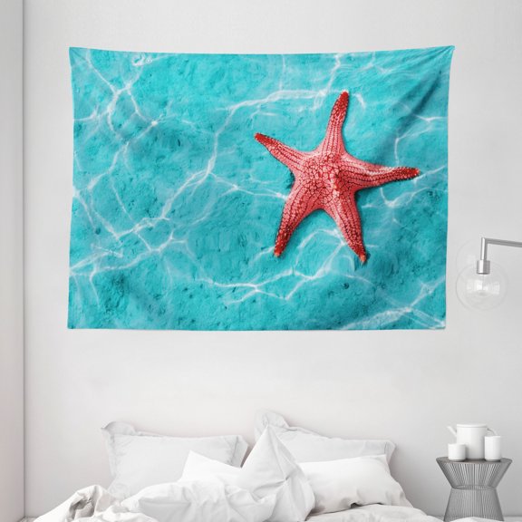 Starfish Decor Tapestry, Red Starfish in Vibrant Blue Water Sun Rays Reflection Aquatic Tropical Life, Wall Hanging for Bedroom Living Room Dorm Decor, 80W X 60L Inches, Aqua Red, by Ambesonne