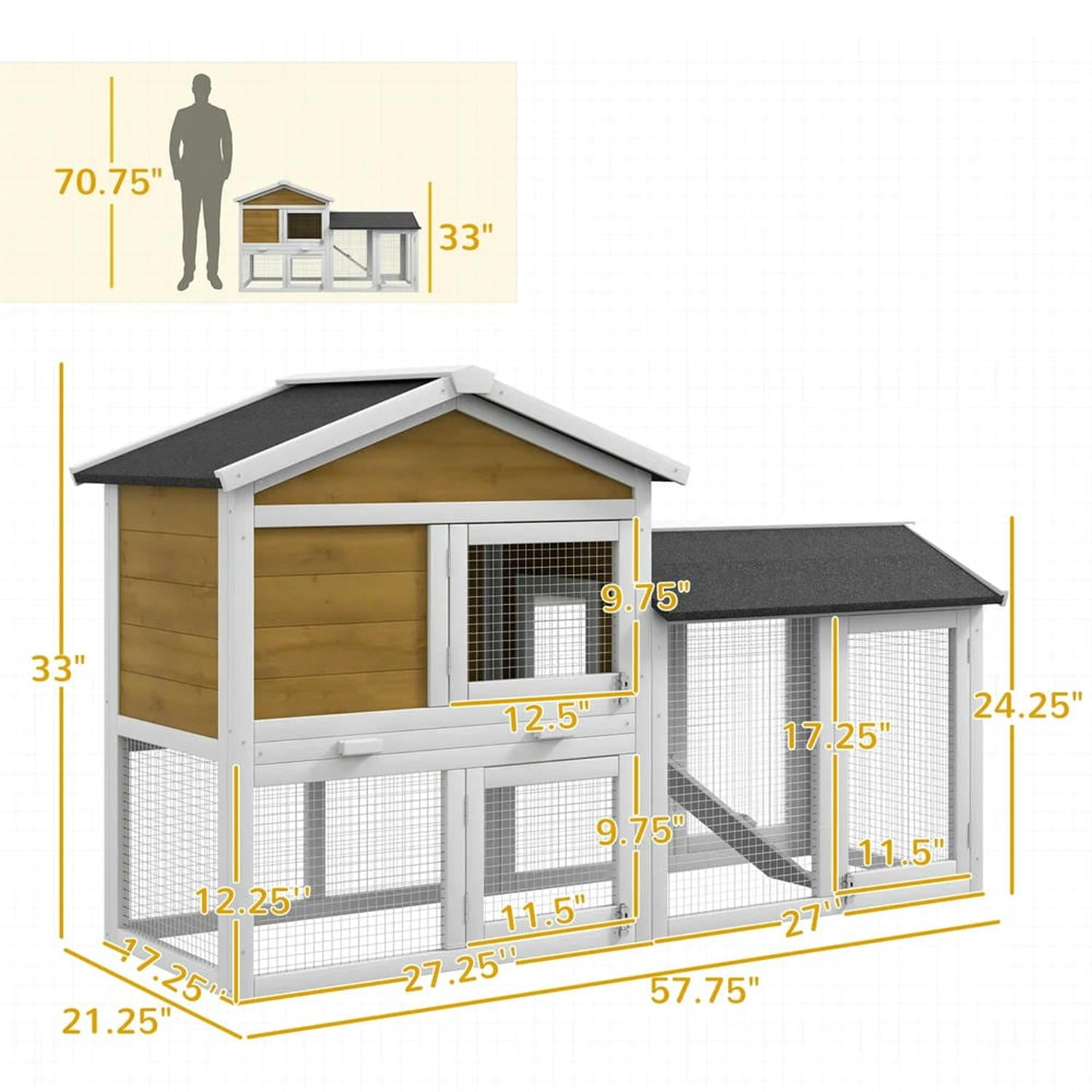 Kadyn 58" 2-tier Wooden Rabbit Hutch with Slide-out Tray, Outdoor Small Animal Habitat Chicken Coop Bunny Cage for Bunnies, Guinea Pigs, Brown