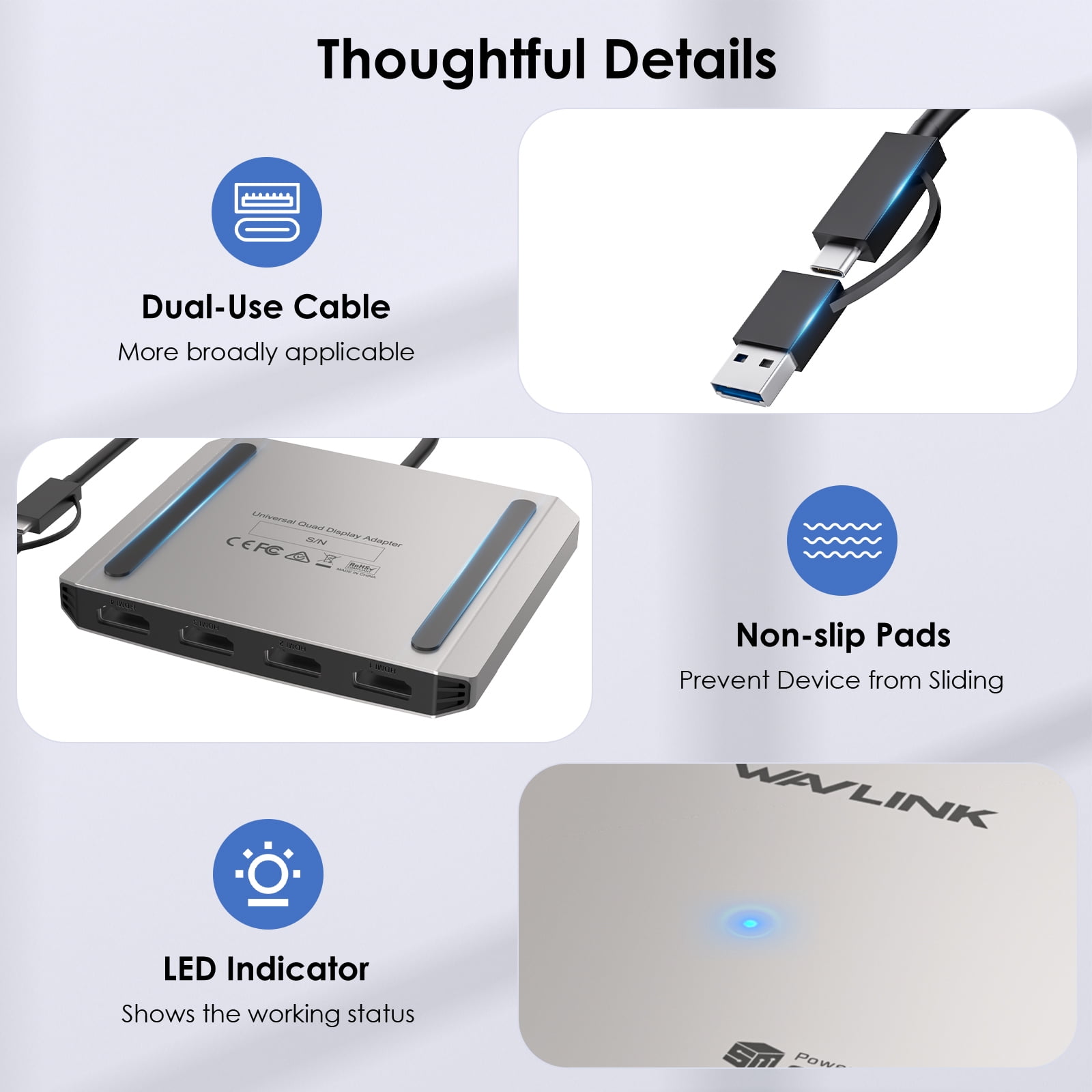 WAVLINK Quad Display USB Adapter with 4K@30Hz/1080P@60Hz HDMI Ports, USB Laptop Adapter 5Gbps Data Transfer Speed for Intel/Mac&Windows Laptop