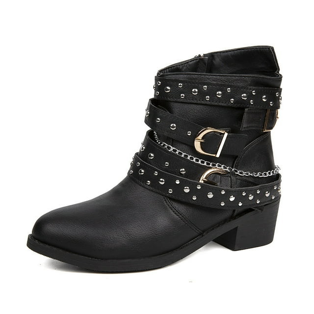 2024 New Square Heel Women Motorcycle Boots Rivet Zip Design Ankle Boot for Women Street Style Female Shoes Size 43 Western Boot
