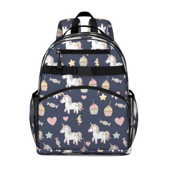 Unicorn and Cupcake Blue Pattern Backpack for School, Cute School Bag with Adjustable Shoulder Straps and Padded Back, 15.25"x11.5"x5.25"