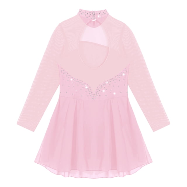 Linjinx Robe de Danse Ballet à Manches Longues en Maille avec Strass pour Filles, Justaucorps de Compétition de Patinage Artistique Rose 8