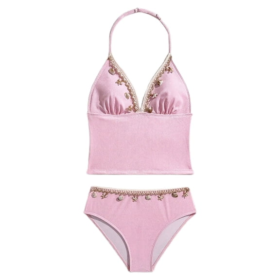 LIIPEE Big Girls Bikinis Swimsuit Sets 2 Piece Set Kids Summer Casual Solid Color Sea Shell Decoration Halter Open Back Bikini Tops And Briefs Pool Party Fashion Cute Beach Swimwear,13-14 Years
