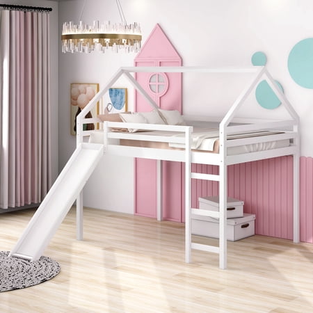 CITYLE Loft Bed with Slide & Stairs  Full Size Loft Solide Wooden Bed  Full Size Loft Bed with Storage Underneath  House Bed with Slide  Roof Design  Suitable for Children Youth Adults  White