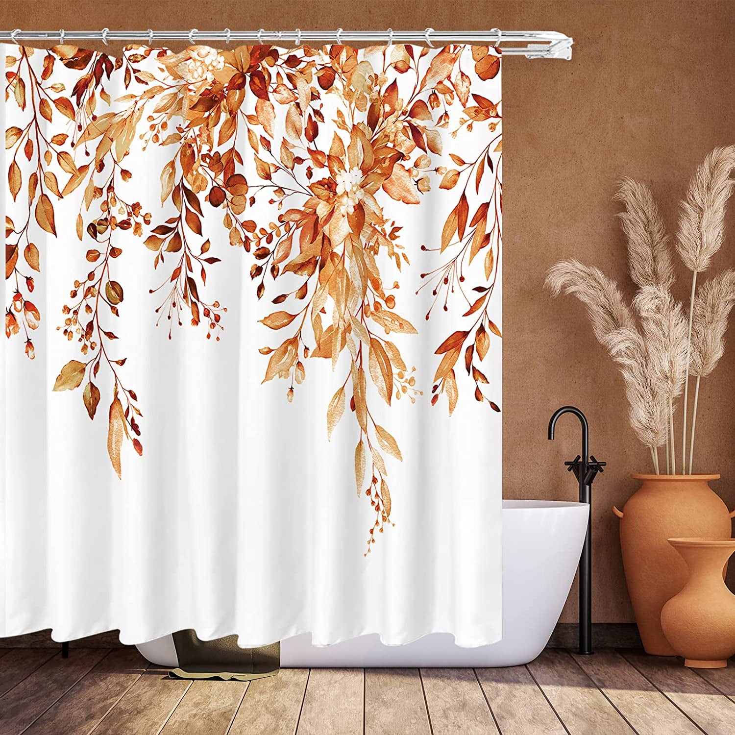 1PC COUNTRY FLORAL LEAFS CIRCLES PRINTED BATHROOM SHOWER CURTAIN W/HOOKS NEW 
