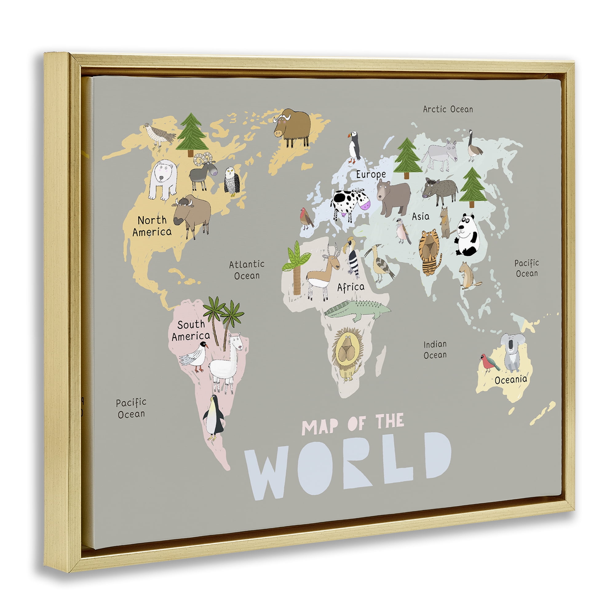 Kid's Map Of World Grey Gold Framed Floater Canvas Wall Art, design by Carla Daly