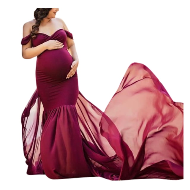 WTXUE Robes de Maternité, Accessoires pour Femmes Enceintes Épaules Dénudées Sans Manches Robe de Maternité Unie Encolure Ronde Robes pour Femme Manches Longues Bordeaux