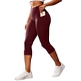 thumbnail image 2 of Cagogo Women's High Waisted Capri Leggings with Pockets Slim Fit Active Sport Pants Casual Yoga Lounge Athletic Wear Summer Outfits, Wine S, 2 of 7