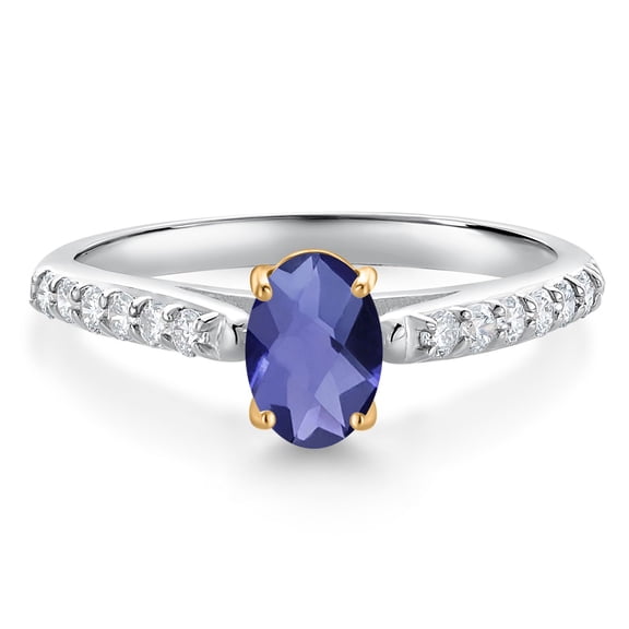 Gem Stone King 10K White and Yellow Gold Blue Iolite and White Lab Grown Diamond Engagement Ring for Women (0.83 Cttw, Oval Checkerboard 7X5MM, Gemstone Birthstone, Size 9)
