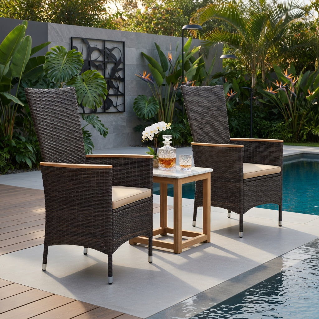 Hommoo 2-Piece Outdoor Wicker Dining Chair Set, High-Back PE Rattan Patio Chairs with Cushions, Acacia Wood Armrests & Heavy-Duty Metal Frame for Backyard, Porch or Poolside, Natural