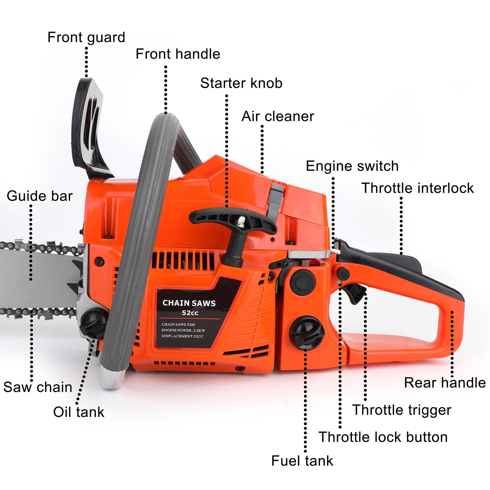 Gasoline Chainsaw with 22 in. Bar 52CC Engine 2-Cycle Powered Gas Chainsaw for Farm/Garden/Ranch/Firewood