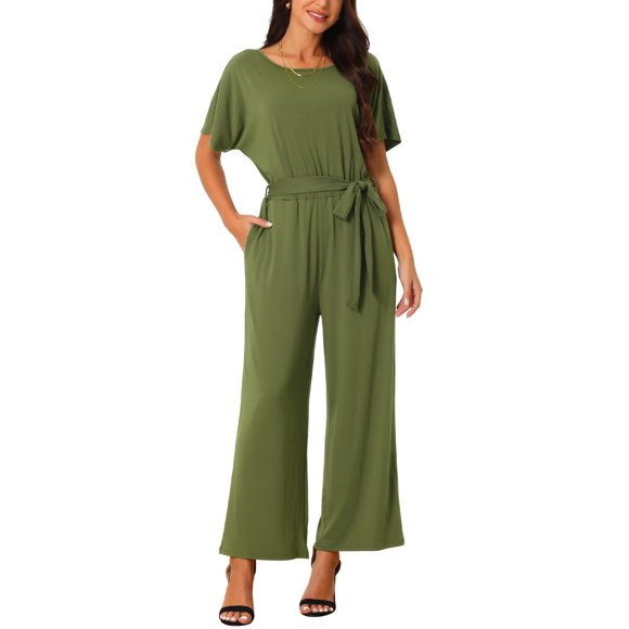 INSPIRE CHIC Combinaisons Habillées Décontractées à Manches Courtes et Col Rond pour Femmes, Taille Haute, Jambes Larges, avec Poches, Vert Armée TG