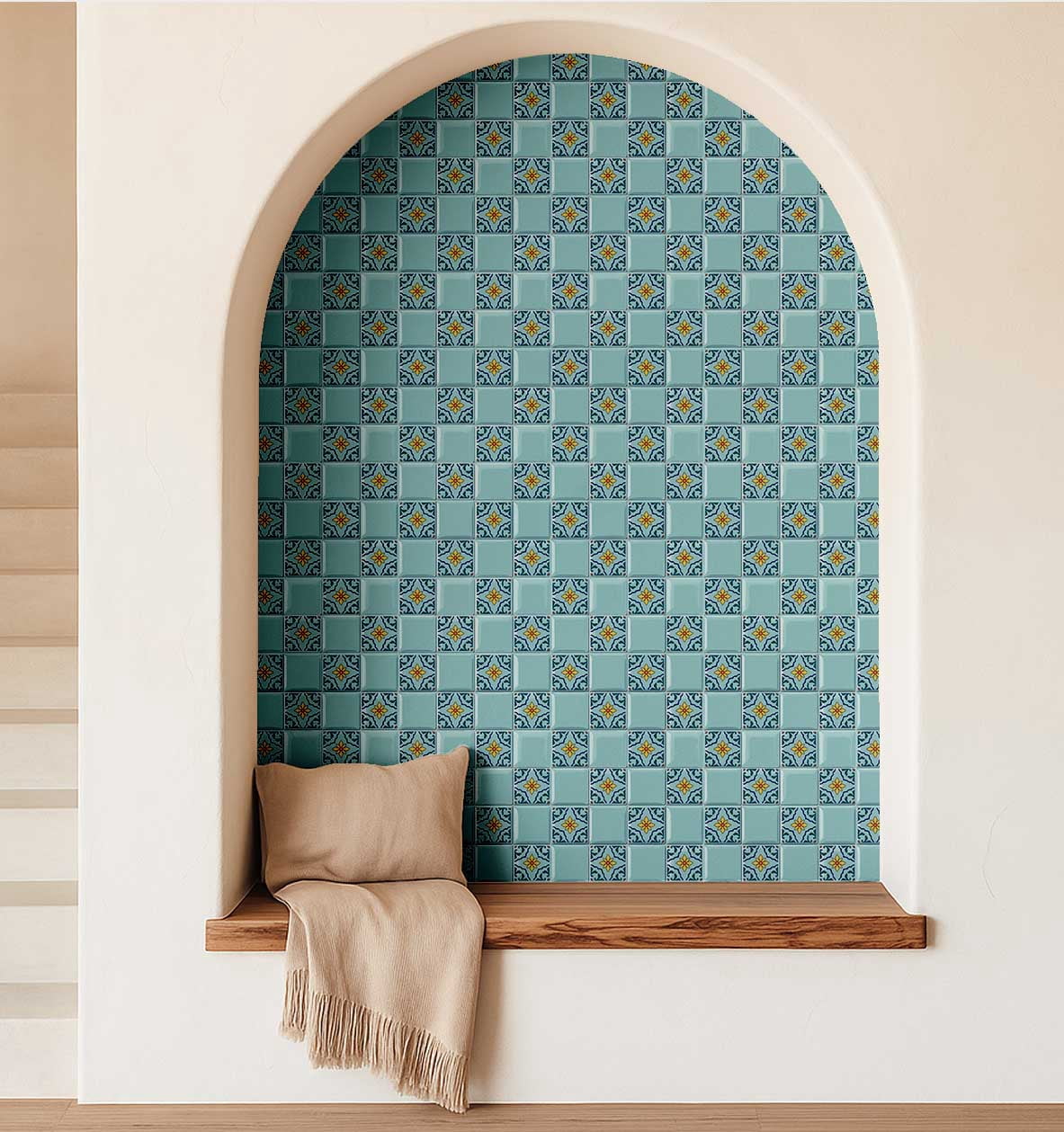 S4Sassy Mosaic Tile Wallpaper - Turquoise Wall Covering, 25" X 60" Self-Adhesive Textured Vinyl Wall Paper, Walls Wrap, Botanical Removable Wallpaper For Bedroom, Nursery, Study