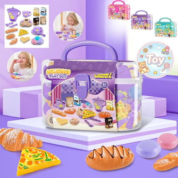 25pcs Portable Storage with Dessert Bakery Play Food Set, Drinks and Tableware, Pretend Play Toys, Snack Serving Role Play Kit, Christmas Birthday Gifts, Toys for Toddler Baby Kids Boys Girls, Age 3 