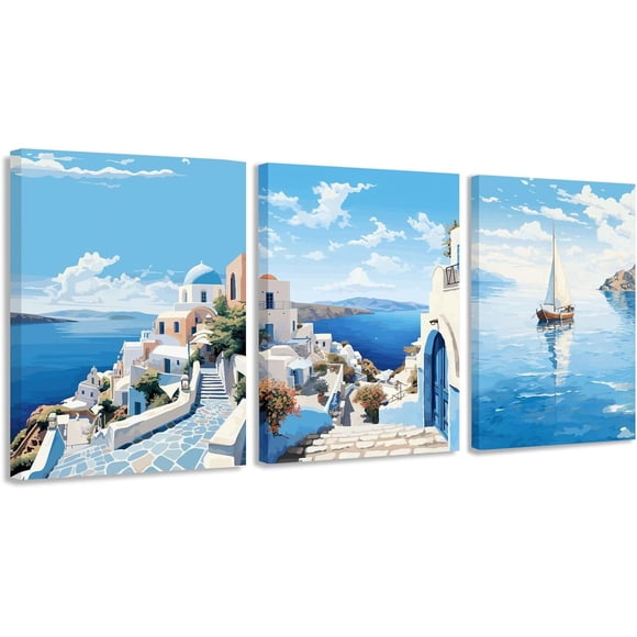 Santorini Canvas Wall Art 3 Panel Wall Art Blue Ocean Beach Décor for Bedroom, Living Room Coastal Wall Art Picture Painting Romantic Vacation Style Print,11.8"x15.8" (30cmx40cm)