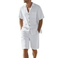 thumbnail image 2 of Men's Linen Vacation 2-Piece Beach Set, Solid Color Lightweight Button-Down Pocket Shirt and Elastic Waist Shorts, Summer Outfit For Holiday,White,2XL, 2 of 7