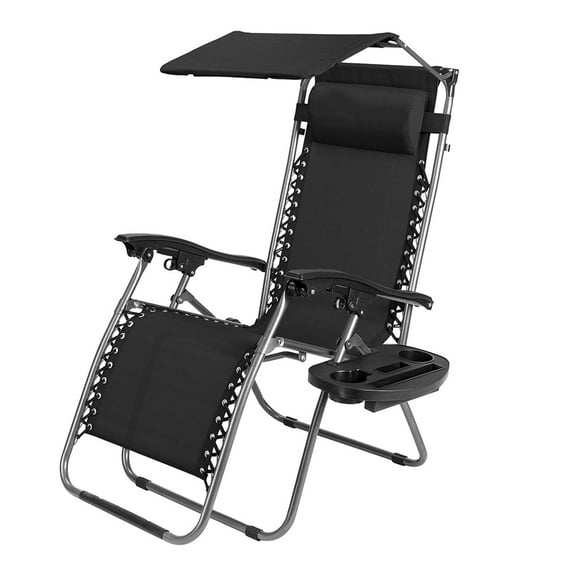 Zero Gravity Chair, Patio Sunshade Lounge Chair with Canopy, Adjustable Folding Shade Reclining Chairs with Cup Holder and Headrest for Balcony, Beach and Backyard, Black