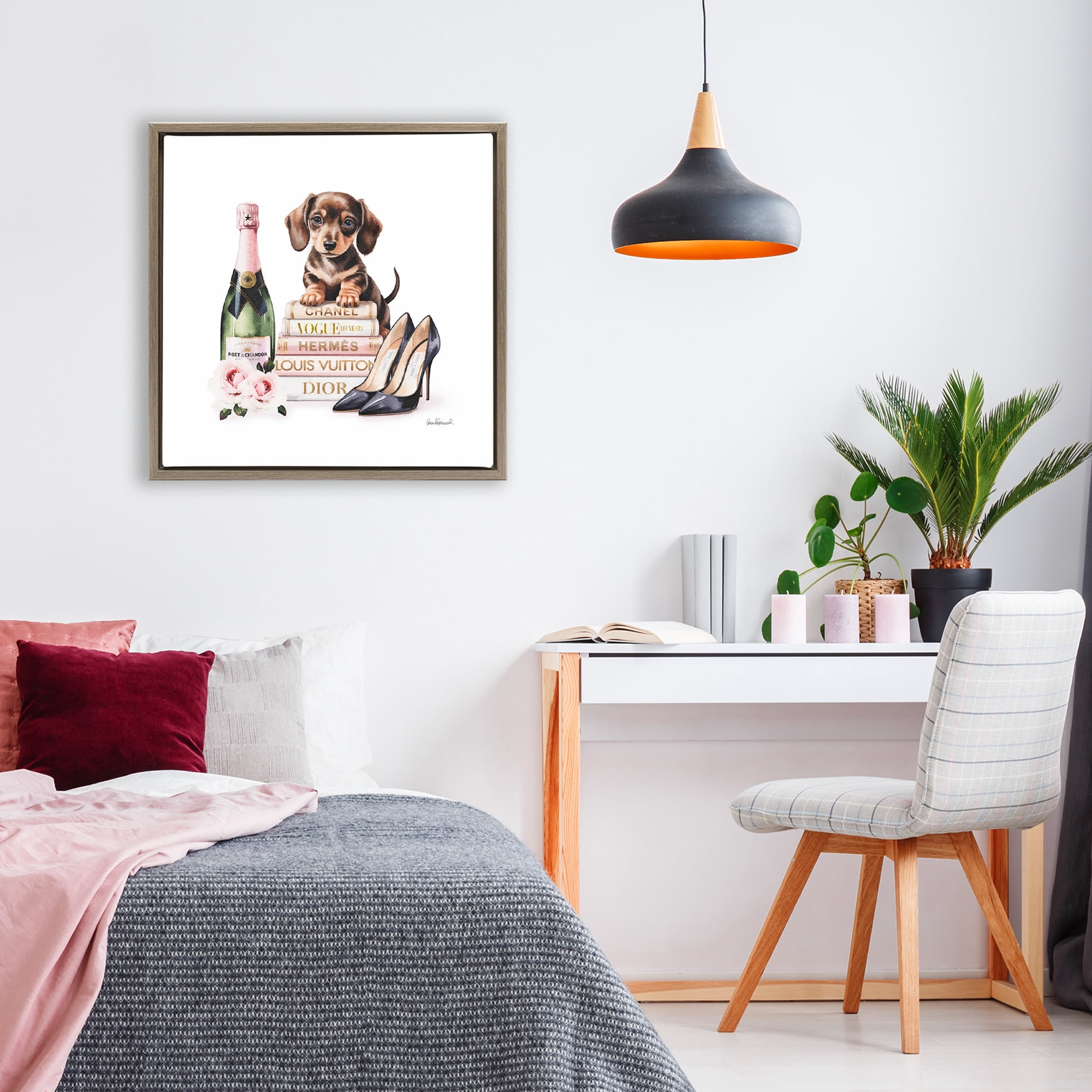 Stupell Industries Luxury Books & Puppy Brown Framed Floater Canvas Wall Art, design by Amanda Greenwood