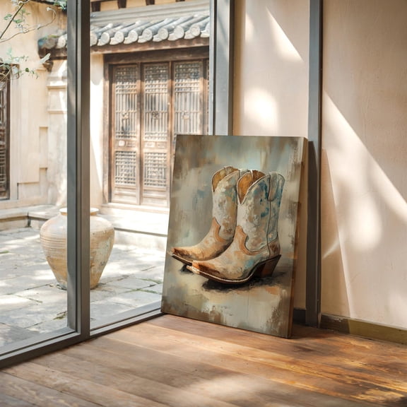 Velto Cowboy Boots Canvas Art Rustic Vintage Western Illustration Farmhouse Country Inspired Wall Decor, SIZE 8x10 INCLUDE Pine Wood Frame 1.25-Inch