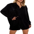 thumbnail image 3 of Women Casual 2 Pcs Clothes Set Solid Color Ruched Long Sleeve Button Down Shirts with Shorts Suit, 3 of 9