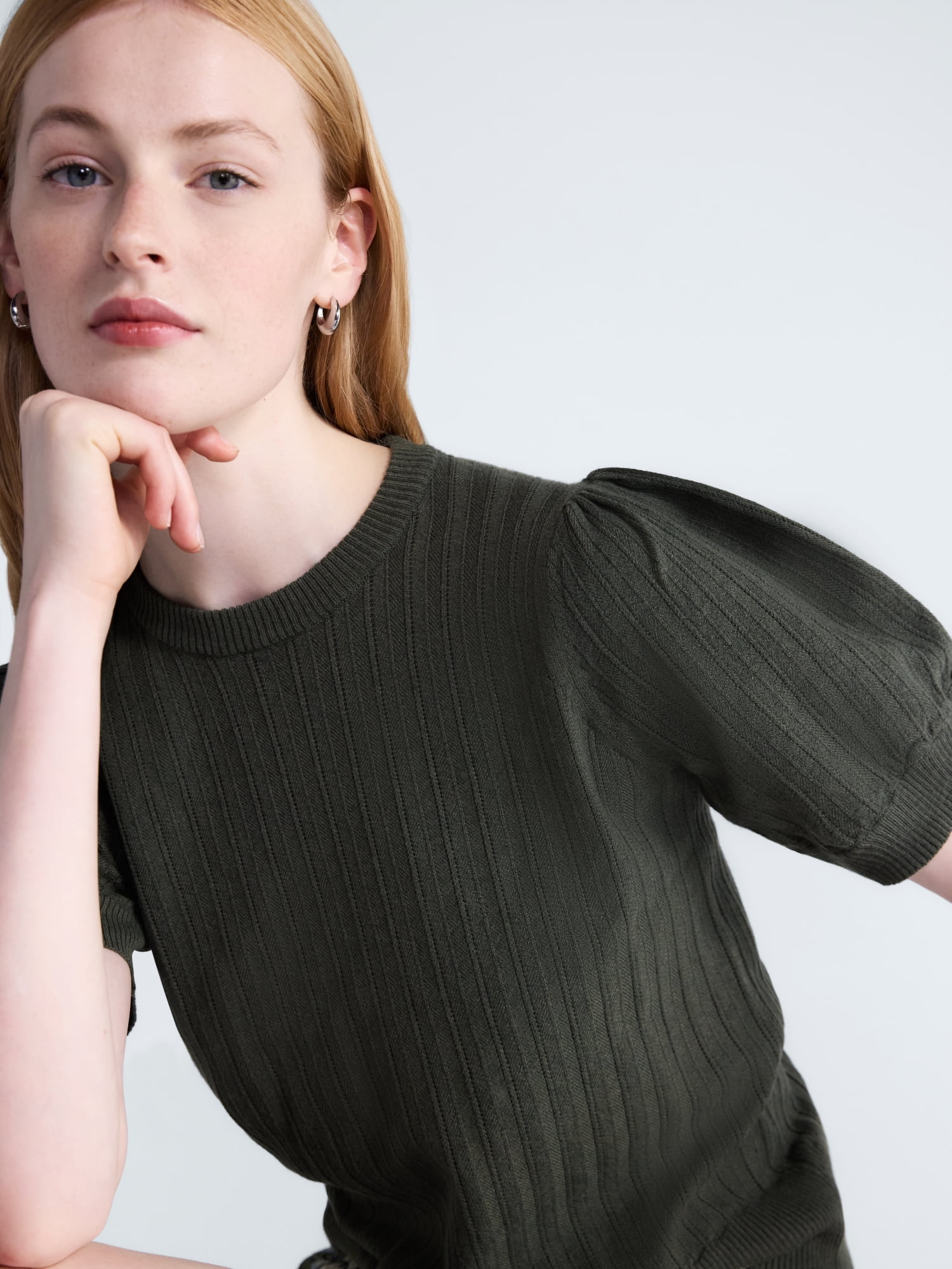 Free Assembly Women’s and Women's Plus Pointelle Sweater with Puff Sleeves, Sizes XS-4X