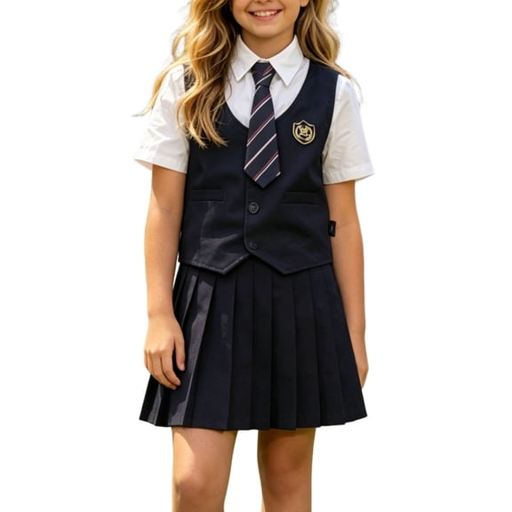 Floleo Girls' 4-Piece School Uniform Set, Short Sleeve Shirt With Vest, Tie And Pleated Skirt, Formal Preppy Wear For Kids And Students(Navy,2-3Years)