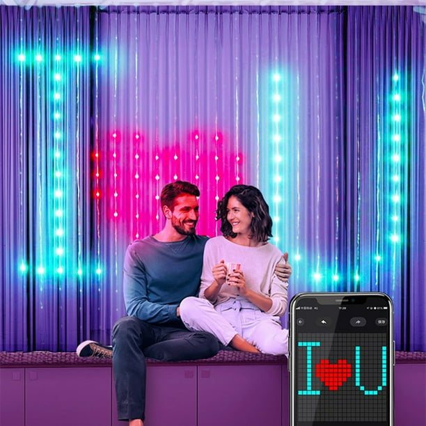 Guirnalda de luces LED RGB 400 LED | Luces de cortina colgantes controladas por aplicación | Patrones y texto programables | Sincronización de música | Control remoto incluido | Diseño flexible de