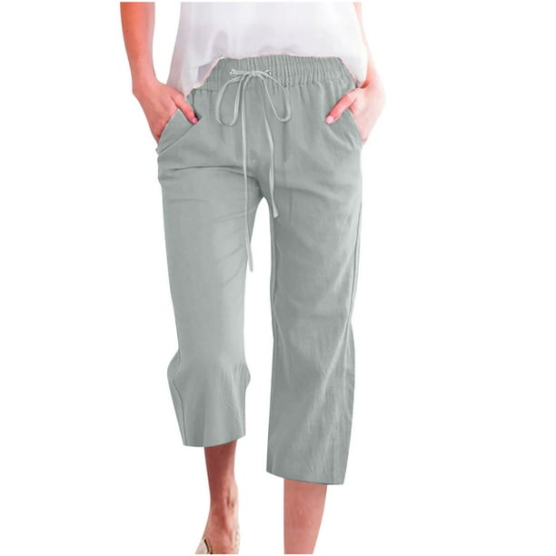 lcziwo Womens Linen Capris for Summer,Capri Pants for Women Casual 2024  Summer Linen Pant Solid Drawstring Elastic Waist Pant Straight Wide Leg Cropped  Trousers,Mint Green,M 