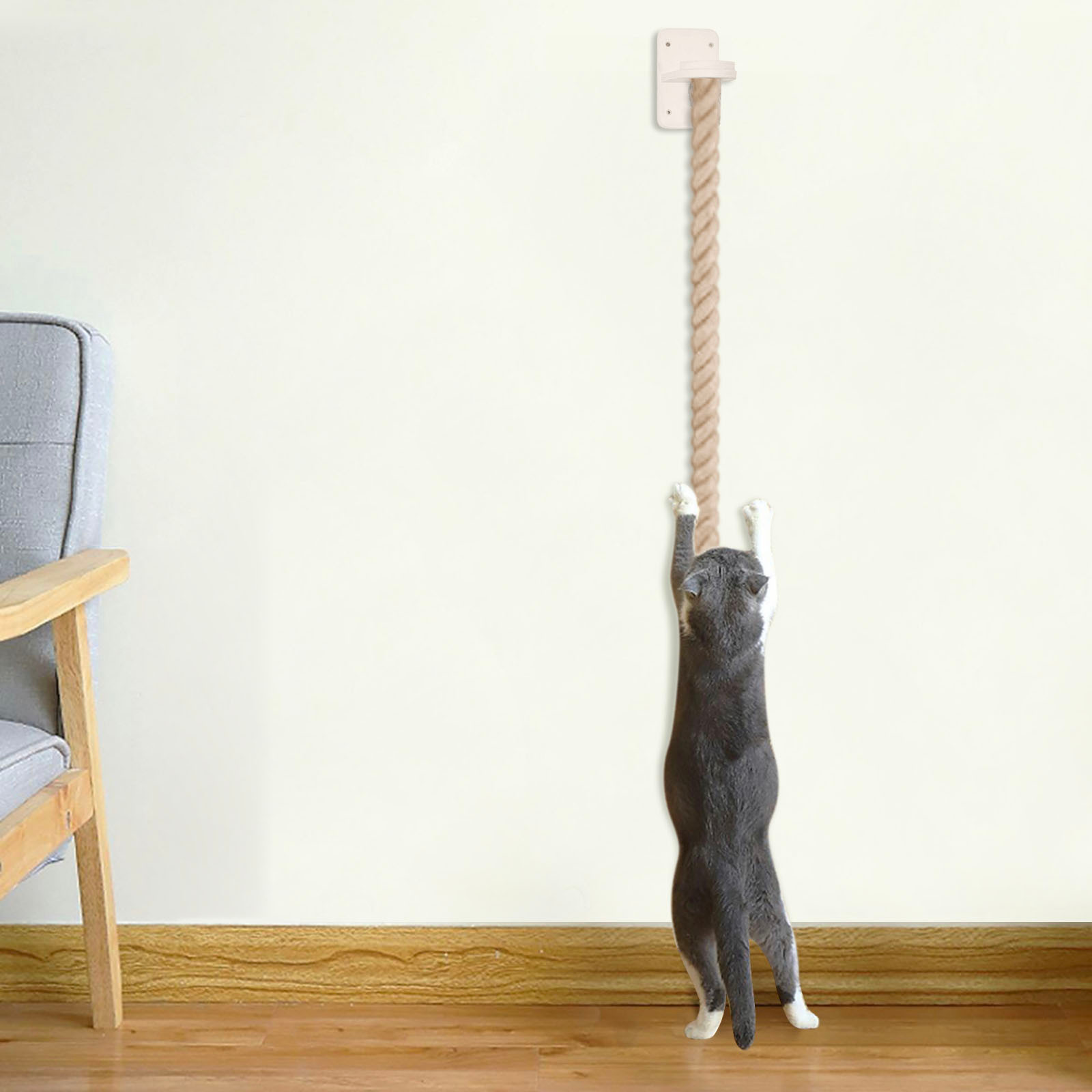 Wall Mounted Cat Climbing Rope & Ladder, Extra Wide Base Sisal Jute Rope Toy for Large Cats, Ceiling Mounted Kitten Scratching Pole for Indoor Outdoor Play, Jumping, Exercise, and Resting Perch
