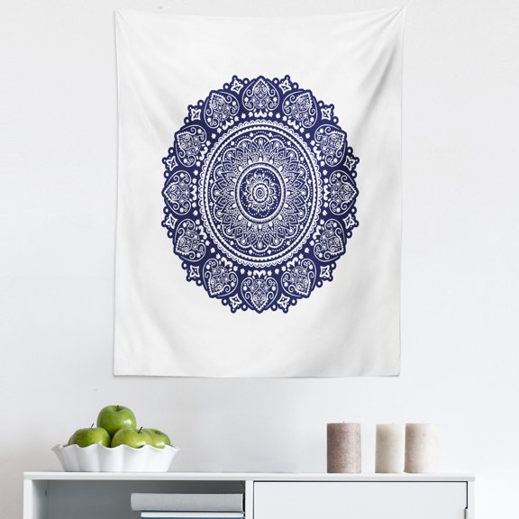 Mandala Tapestry, Bohemian Feels Pattern of Flower Shaped Symmetrical Ornament Eastern Design, Fabric Wall Hanging Decor for Bedroom Living Room Dorm, 5 Sizes, Indigo and White, by Ambesonne