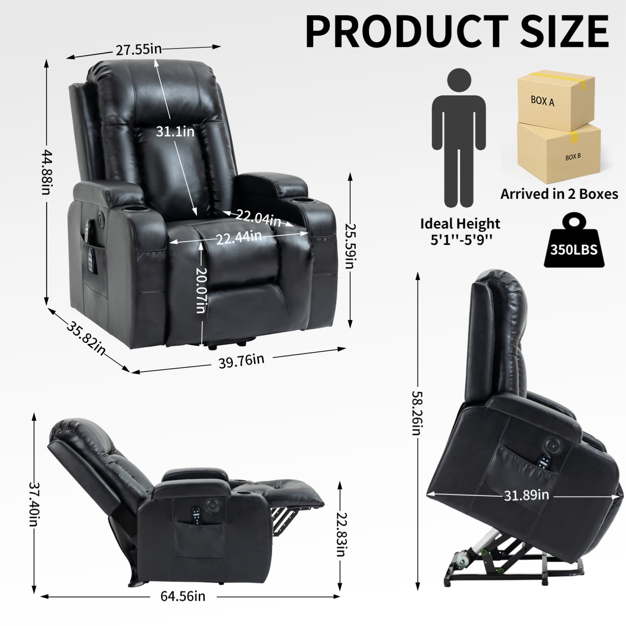 Power Lift Recliner Chair for Elderly,Heavy Duty Infinite Position Recliner Chair with 8-Point Vibration Massage and Lumbar Heating,USB Charging Port, Cup Holders,Black