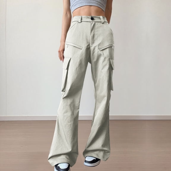 Aueoeo Beach Pants for Women Cargo Pants for Girls Women Flared Loose Wide-Leg Zipper Pocket Straight-Leg Casual Long Pants Cargo Sweatpants