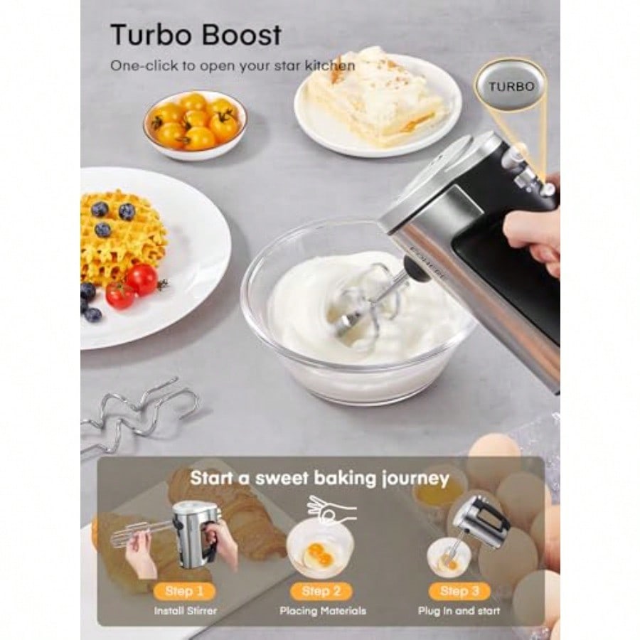 Hand Mixer Electric Handheld 6 Speed and Turbo Electric Mixer 300W Handheld Mixer with 2 Stainless Steel Whisk and 2 Dough Hook for Whipping Mixing Cookies Brownie Cakes Dough Batters Silver